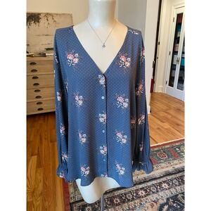 LOFT Women Blue Floral Polka Dot V-Neck Button Front Ruffle Cuff Blouse L